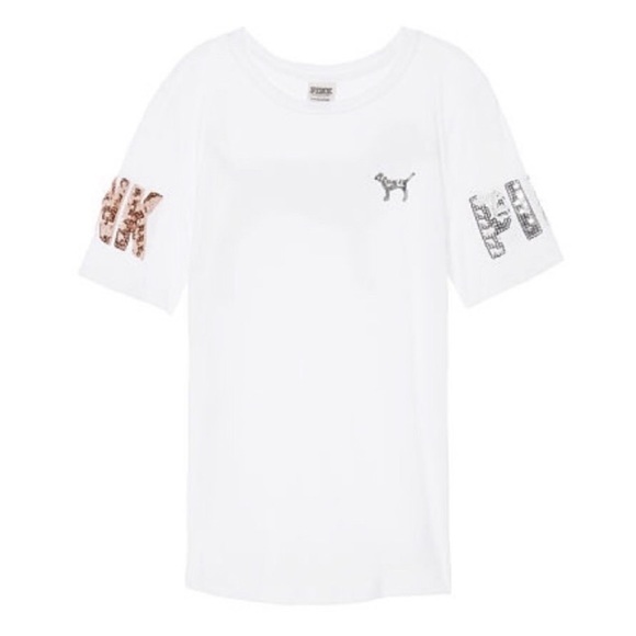 Victoria Secerts Pink Bling White Tee Silver and Rose Gold Sequin Little Dog Y2K - Picture 2 of 8